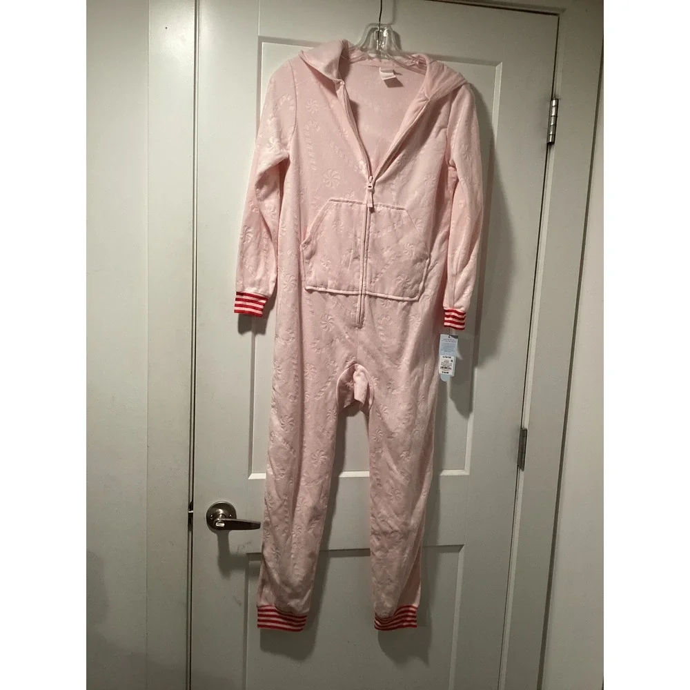 Cat & Jack Girls Pink Candy Cane Fleece Hooded One Piece Pajamas Sleeper L 10/12